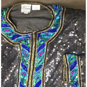 Stenay Vintage Silk Sequin Beaded Jacket Women's XL Black Multicolor India EUC